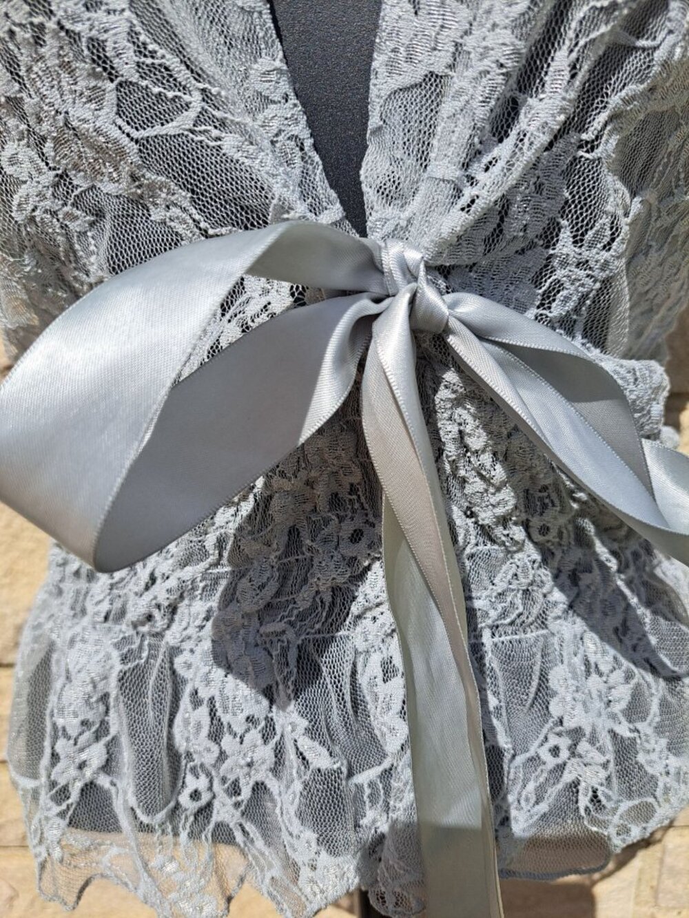 Y2K Sheer Lace Gray Blue Top Satin Ribbon Tie Floral Short Sleeves Romantic Med - Picture 2 of 11